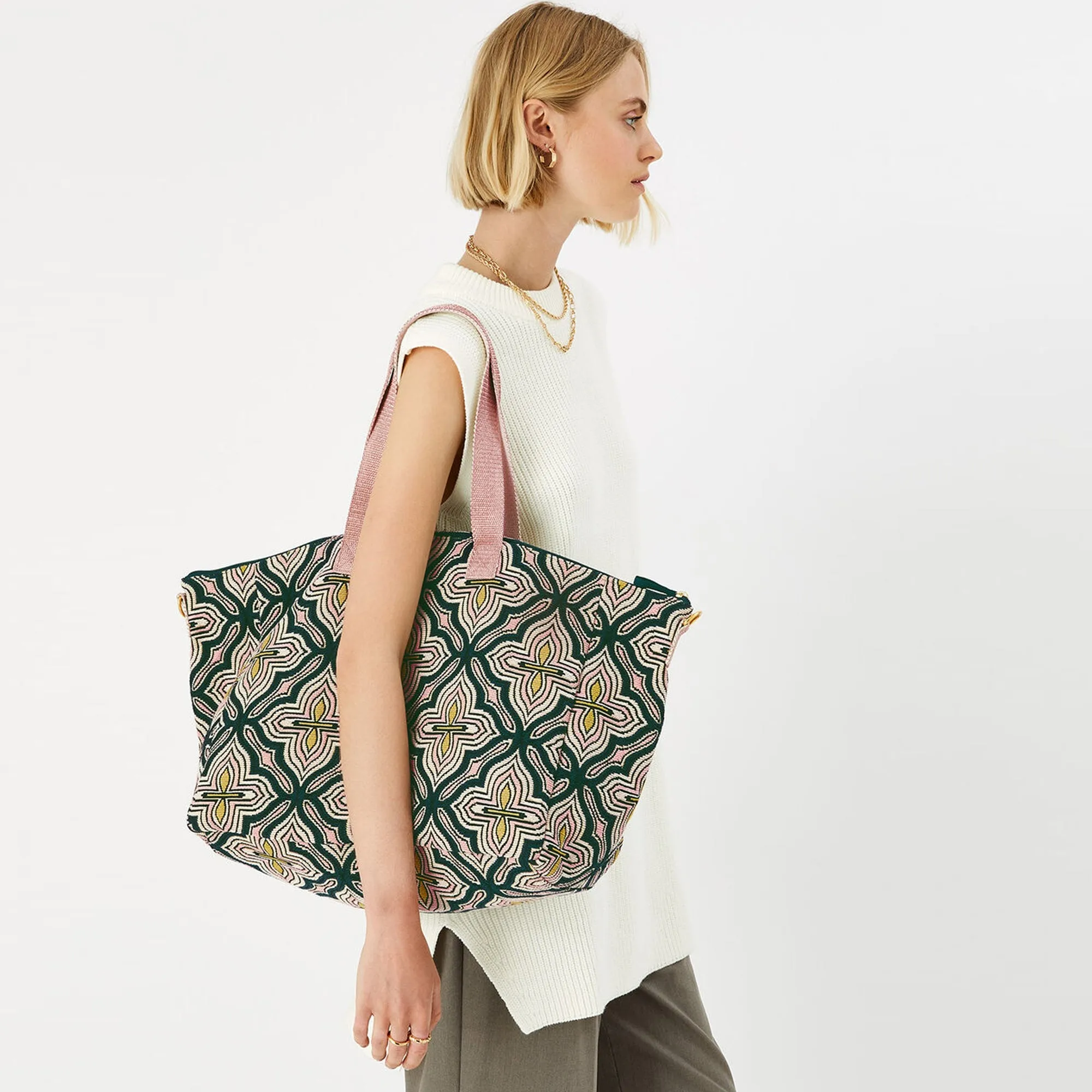 Accessorize London Women's Fabric Green Tile Print Weekender Bag