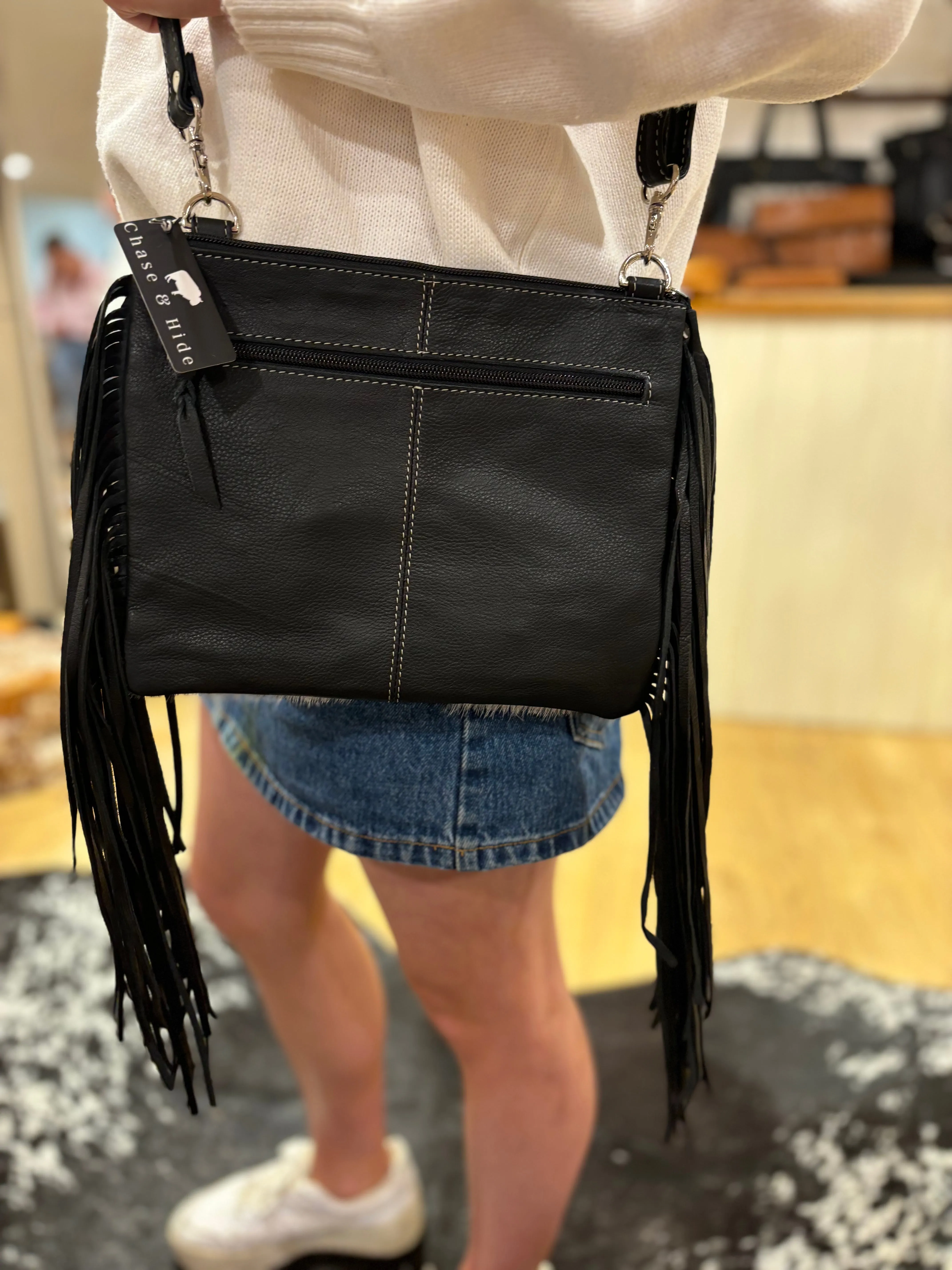 Cowhide Clutch Bag With Turquoise Stonework and Fringes – AB76