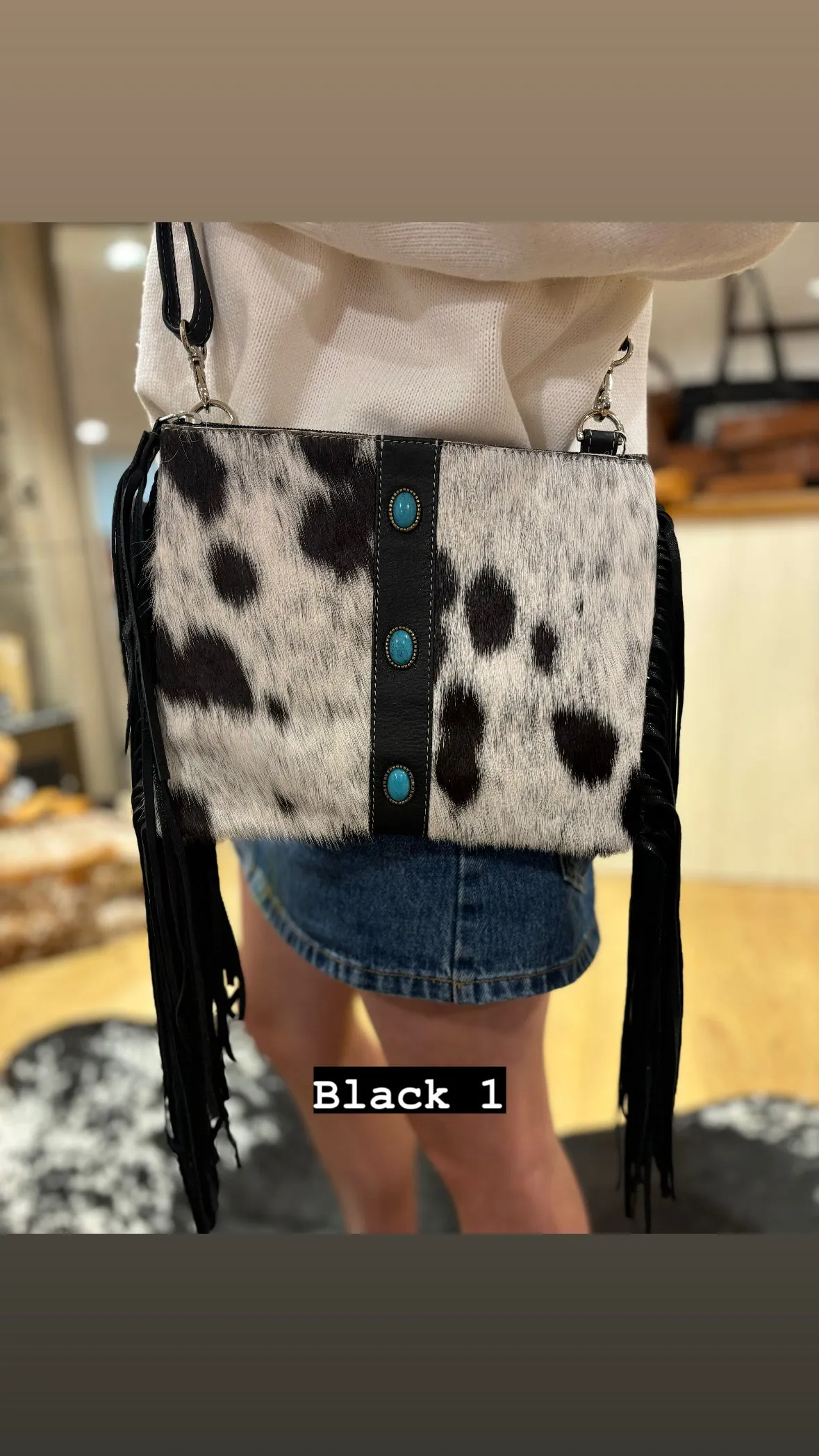 Cowhide Clutch Bag With Turquoise Stonework and Fringes – AB76
