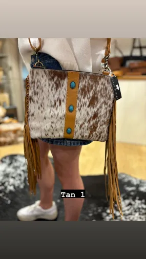 Cowhide Clutch Bag With Turquoise Stonework and Fringes – AB76