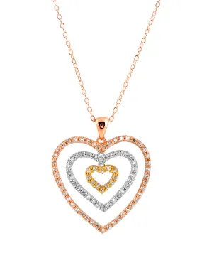 Cubic Zirconia Sterling Silver Tri Color Outlined Heart Shape Drop Pendant