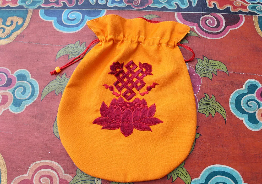 Endless Knot & Lotus Embroidered Mala Bag, Jewellery Pouch