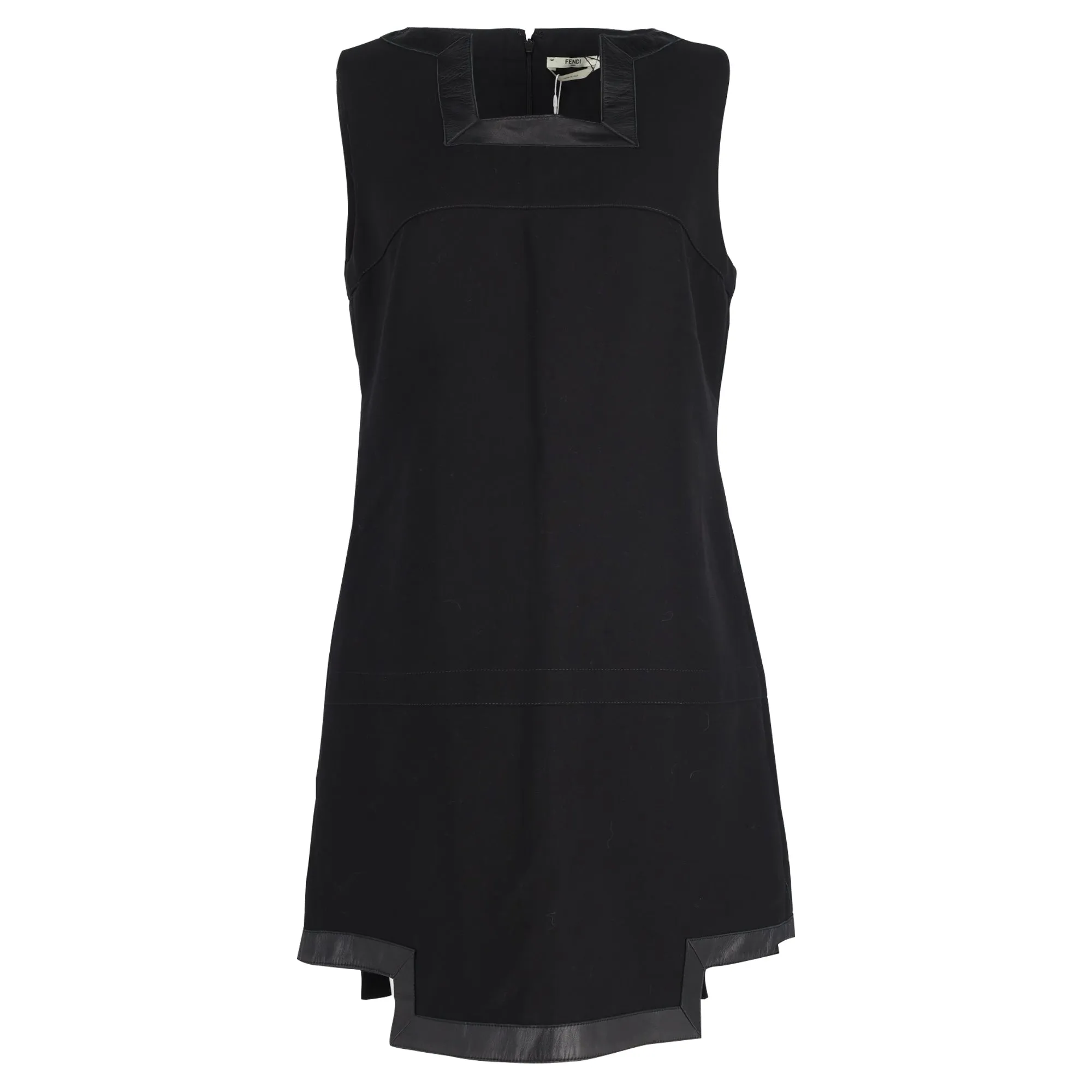 Fendi Sleeveless Leather Trimmed Dress in Black Wool
