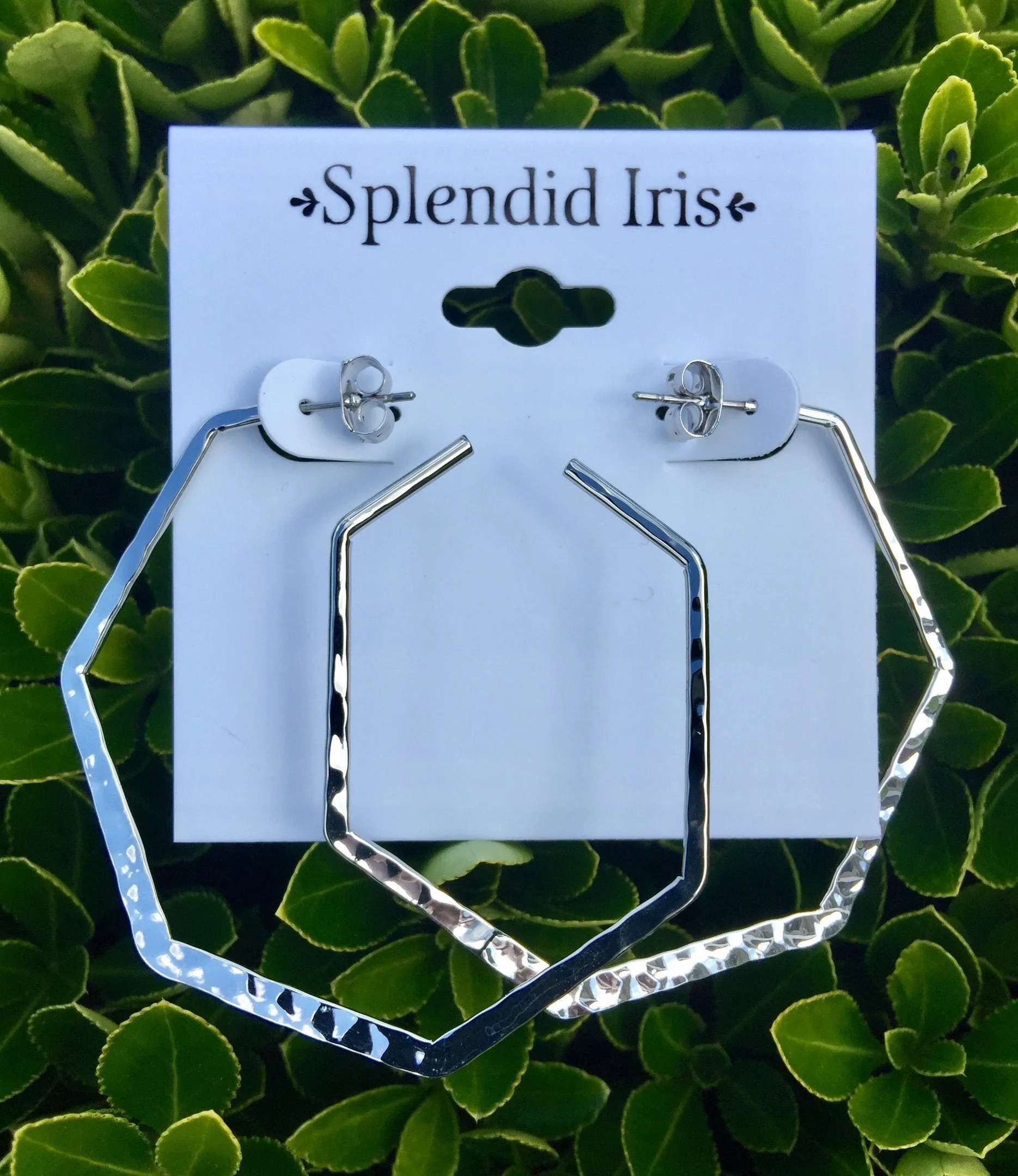 Hammered Hexagon Hoop Earrings (Silver)