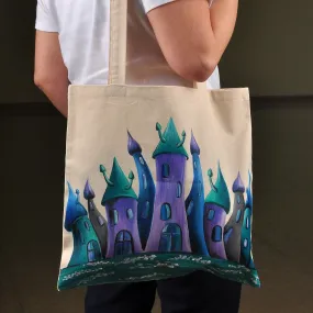 Hand-Painted Cotton Tote Bag with Armenian Monastery Motif - Blue Castle Monastery | NOVICA