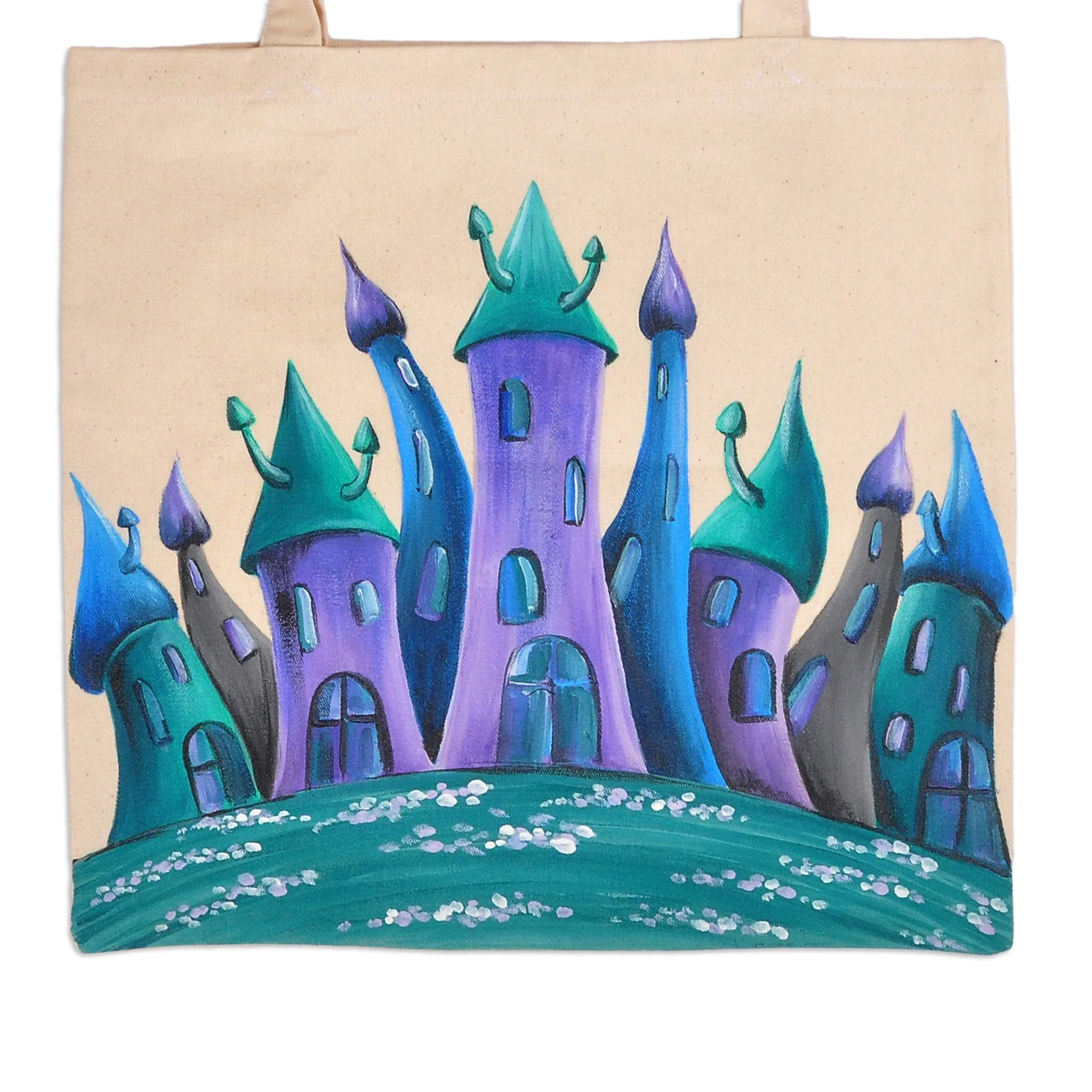 Hand-Painted Cotton Tote Bag with Armenian Monastery Motif - Blue Castle Monastery | NOVICA