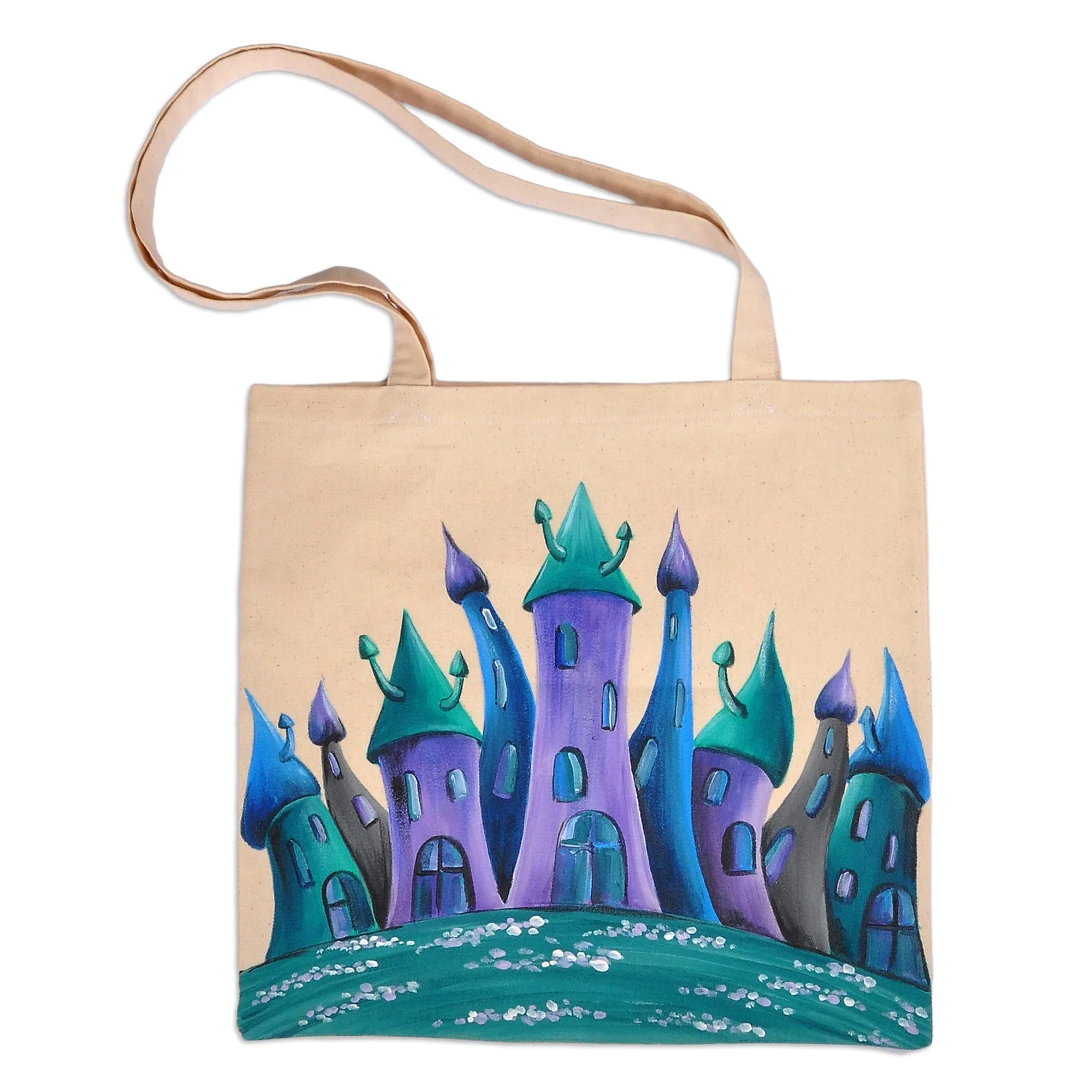 Hand-Painted Cotton Tote Bag with Armenian Monastery Motif - Blue Castle Monastery | NOVICA