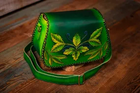 Handcrafted Leather Bag - Green Botanical Design with Adjustable Strap and Suede Lining