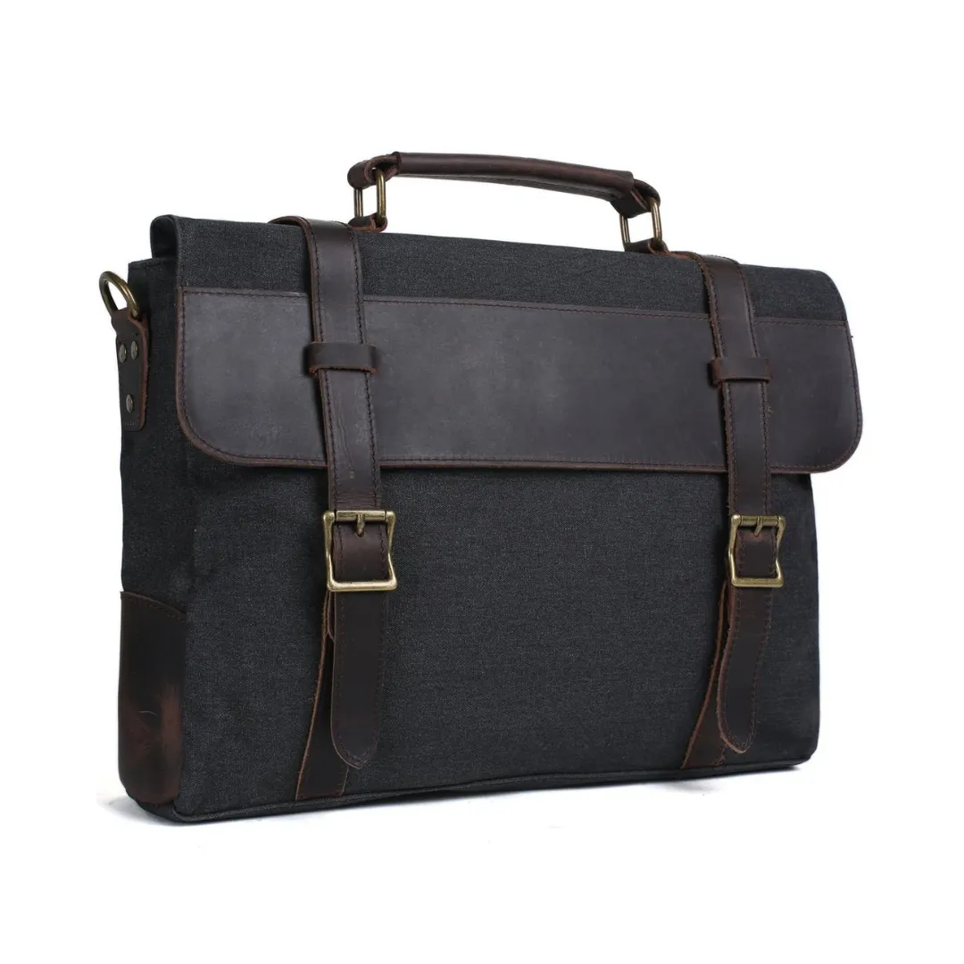 Handmade Waxed Canvas with Leather Briefcase Messenger Bag - Dark Grey