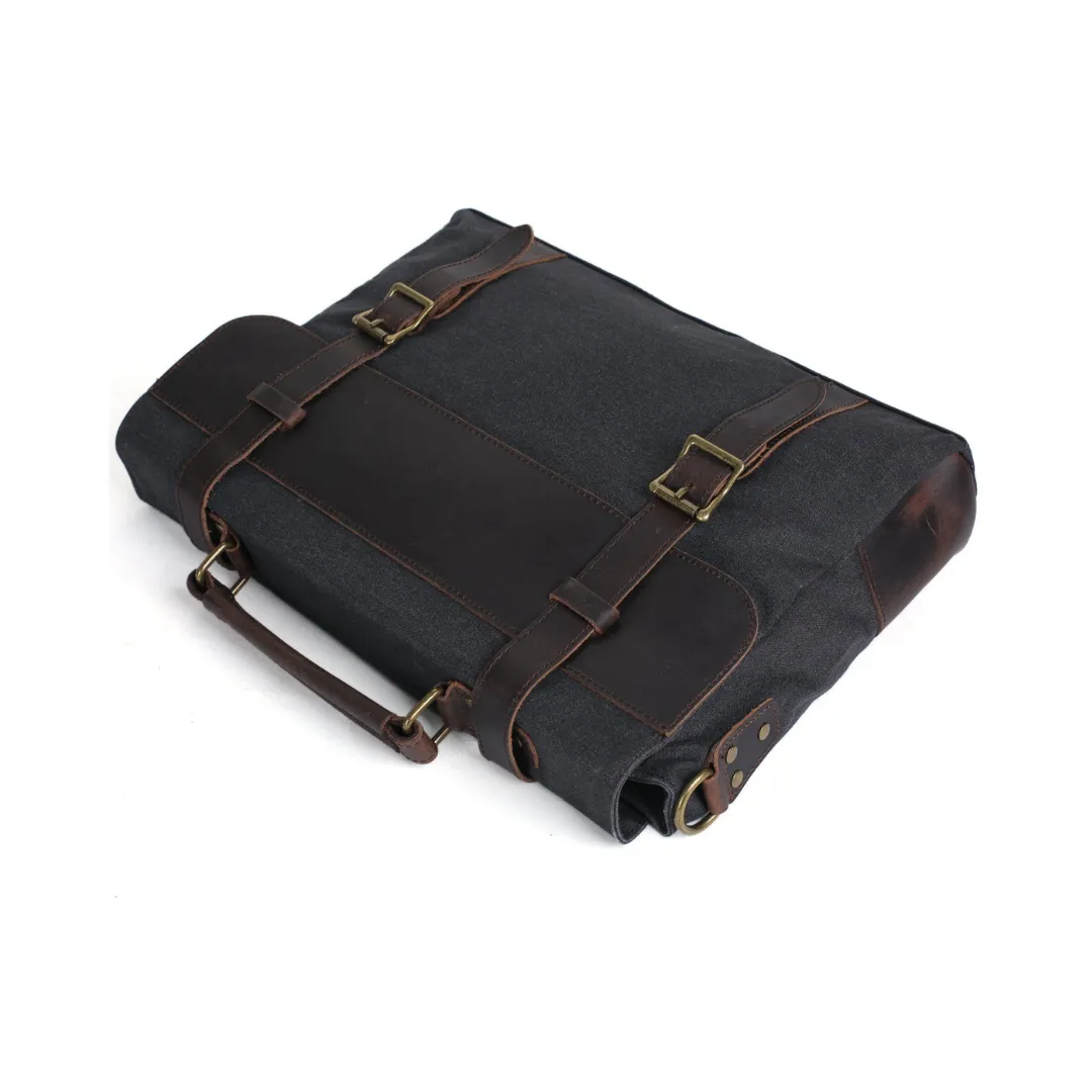 Handmade Waxed Canvas with Leather Briefcase Messenger Bag - Dark Grey