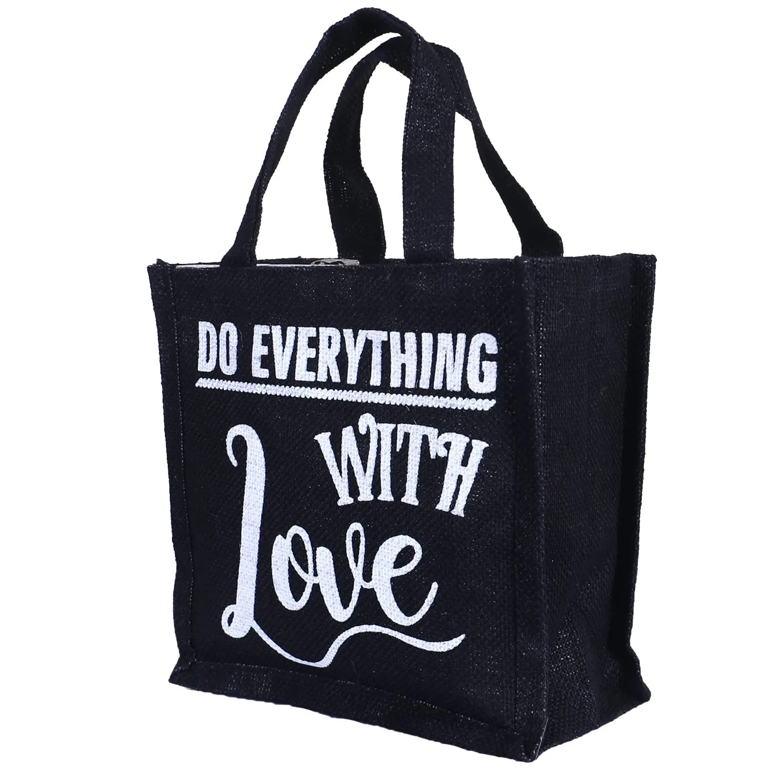 Heart Home Lunch Bag|Reusable Jute Fabric Tote Bag|Do Everything with Love Print Tiffin Carry Hand Bag with Handle for Office,School,Gift,Pack of 4 (Black)