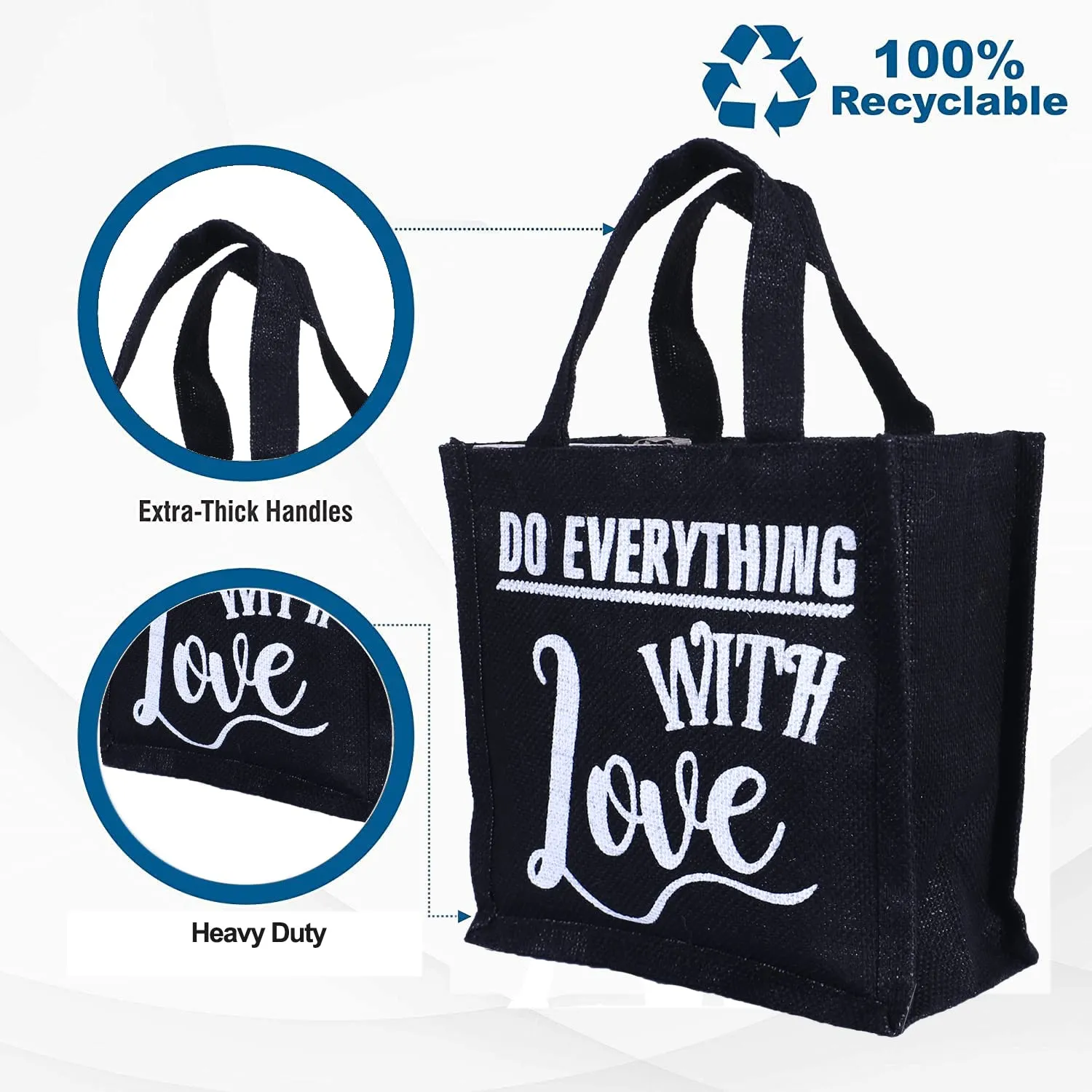 Heart Home Lunch Bag|Reusable Jute Fabric Tote Bag|Do Everything with Love Print Tiffin Carry Hand Bag with Handle for Office,School,Gift,Pack of 4 (Black)