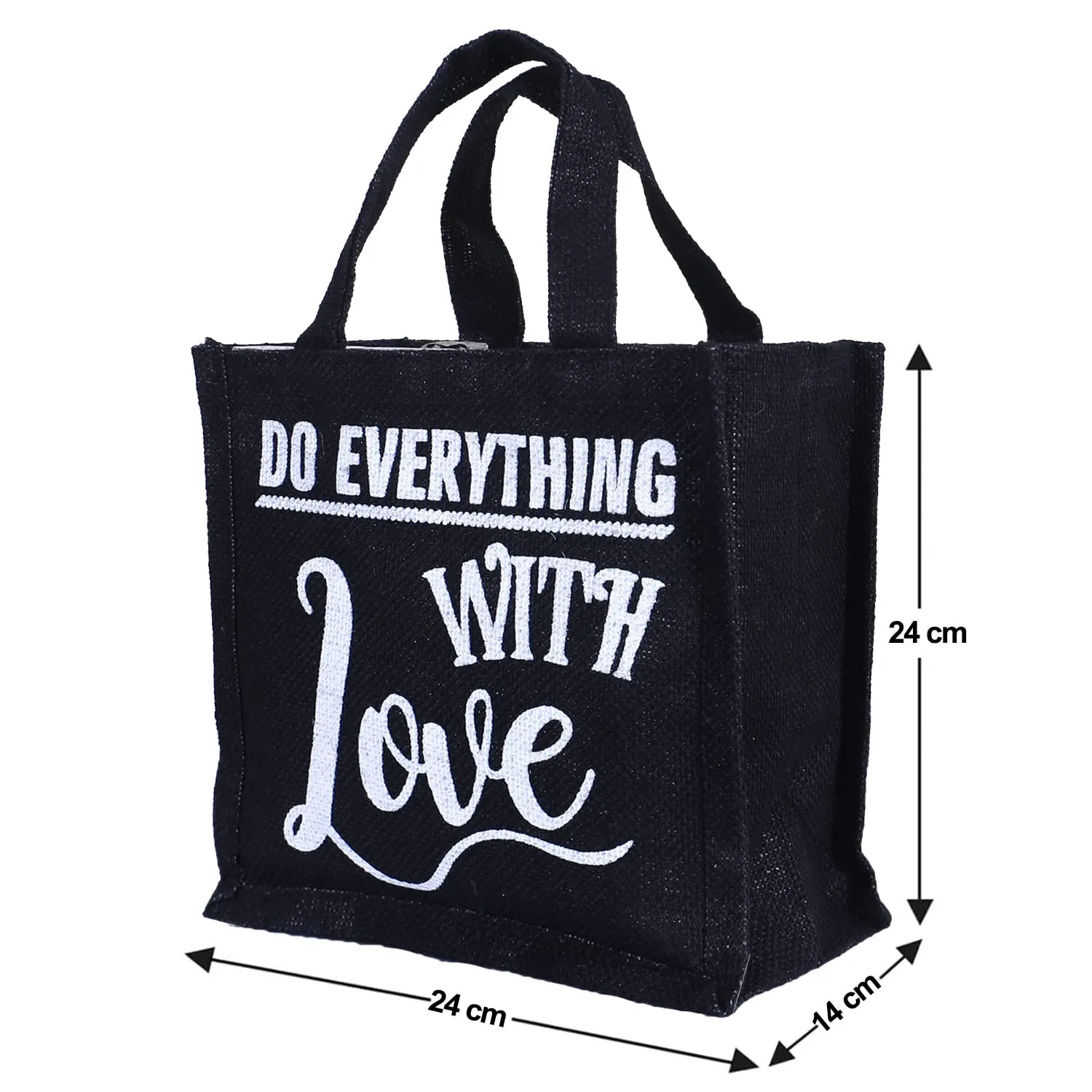 Heart Home Lunch Bag|Reusable Jute Fabric Tote Bag|Do Everything with Love Print Tiffin Carry Hand Bag with Handle for Office,School,Gift,Pack of 4 (Black)