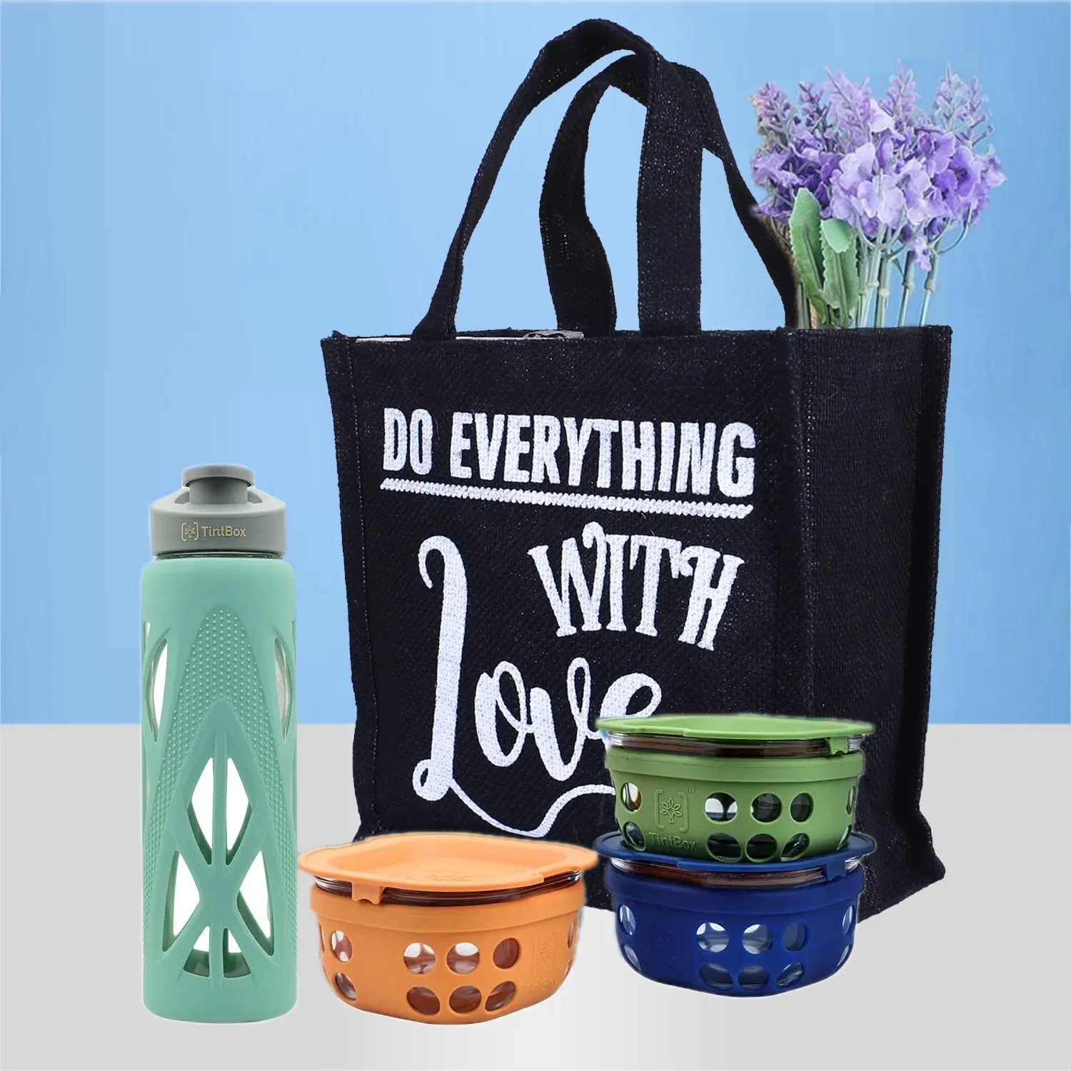Heart Home Lunch Bag|Reusable Jute Fabric Tote Bag|Do Everything with Love Print Tiffin Carry Hand Bag with Handle for Office,School,Gift,Pack of 4 (Black)