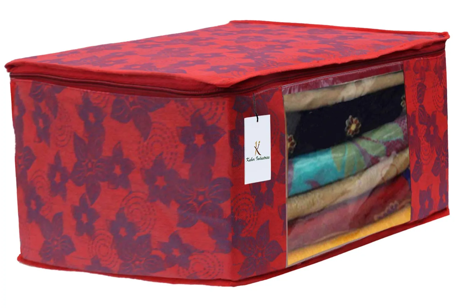 Kuber Industries Metalic Printed 2 Piece Non Woven Saree Cover and 2 Pieces Underbed Storage Bag, Storage Organiser, Blanket Cover, Golden Brown & Red -CTKTC042378