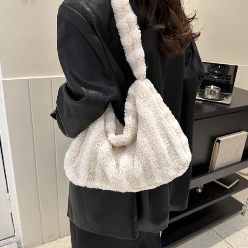 Large Capacity Striped Plush Winter Shoulder Bag