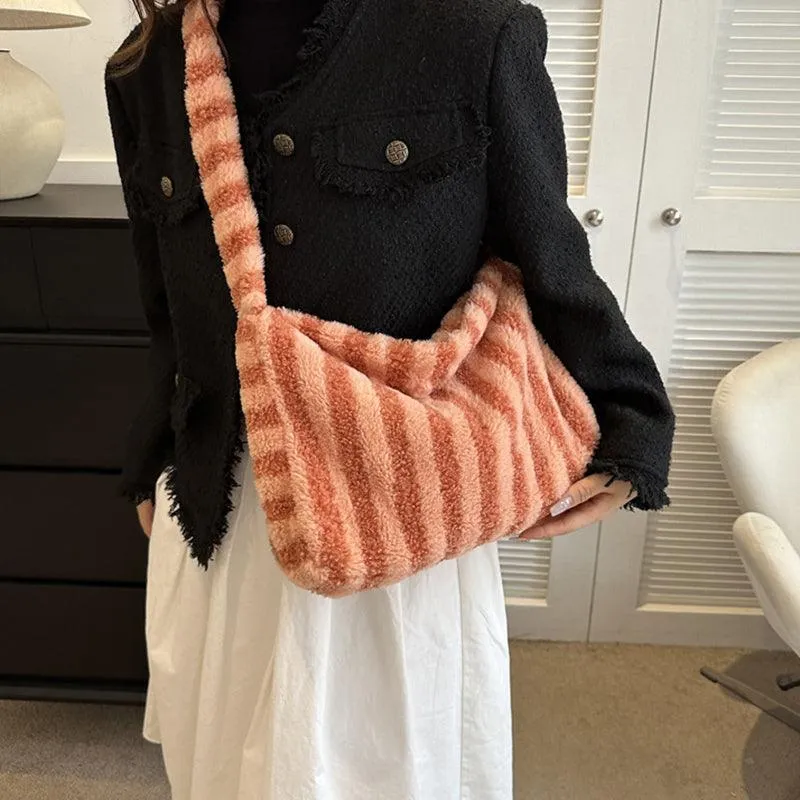 Large Capacity Striped Plush Winter Shoulder Bag