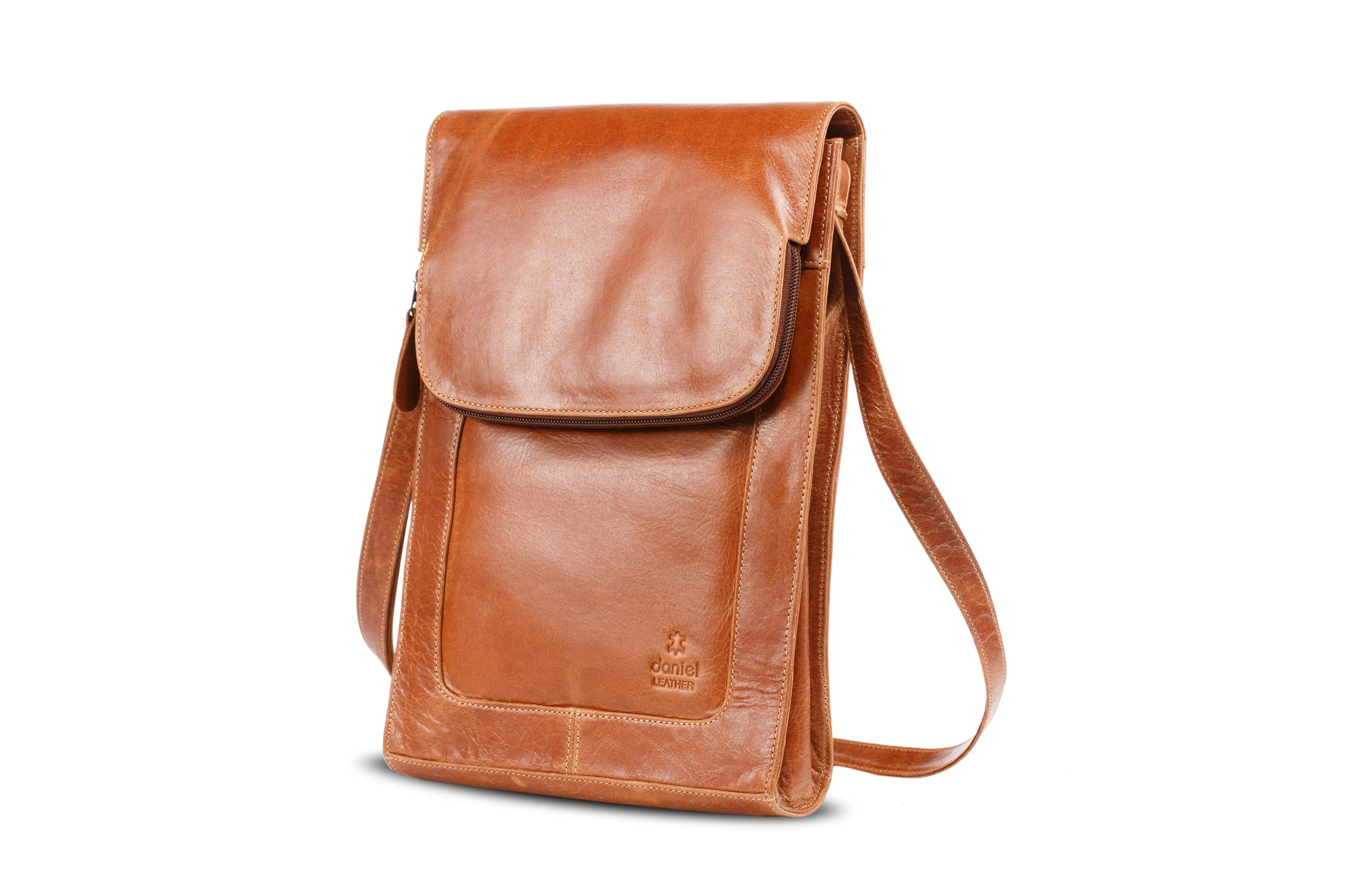 Large Women Men Real Vintage Tan Leather Messenger Shoulder Cross Body Bag