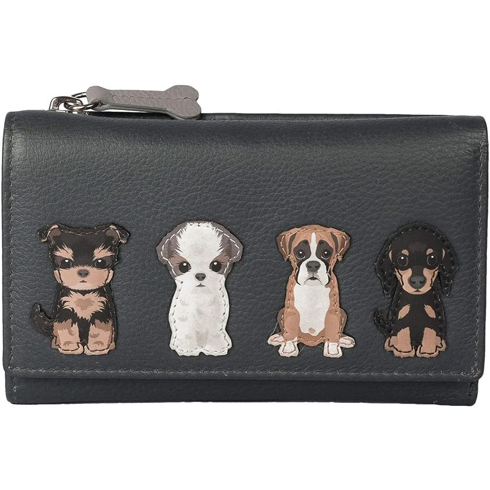 Mala Leather Grey Best Friends Sitting Dogs Tri Fold Purse