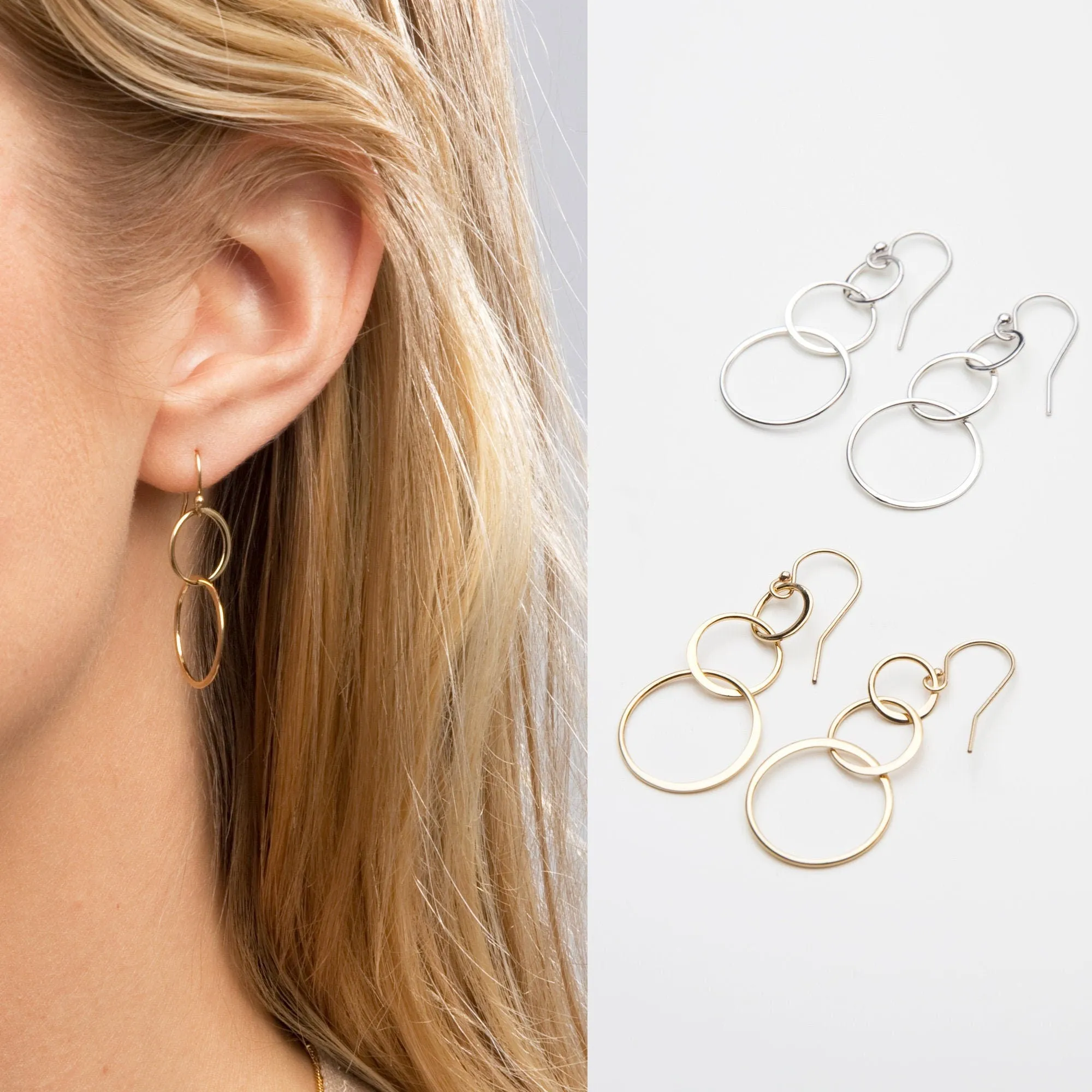 Modern Two Circle Link Earrings - Minimalist - CG365E. Starts at