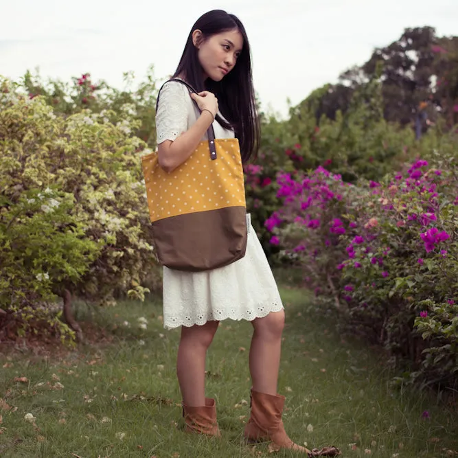 Mustard Olive Polka Dots Leather Straps Shoulder Tote Bag