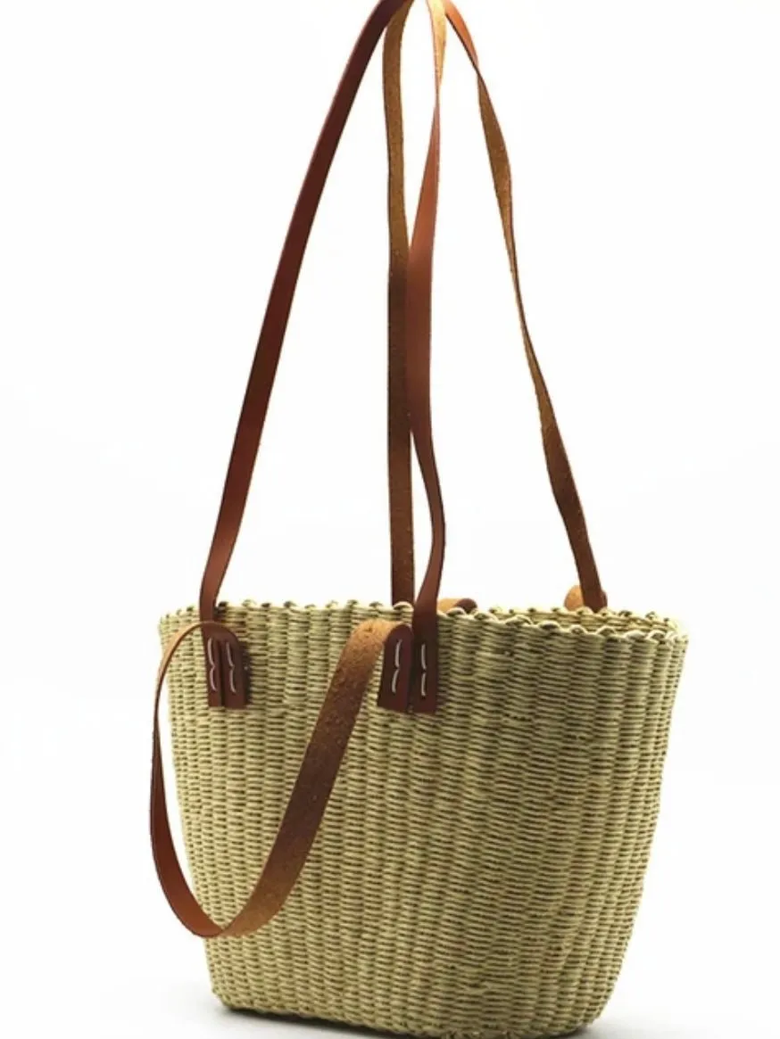 Natural and brown straw tote handbag