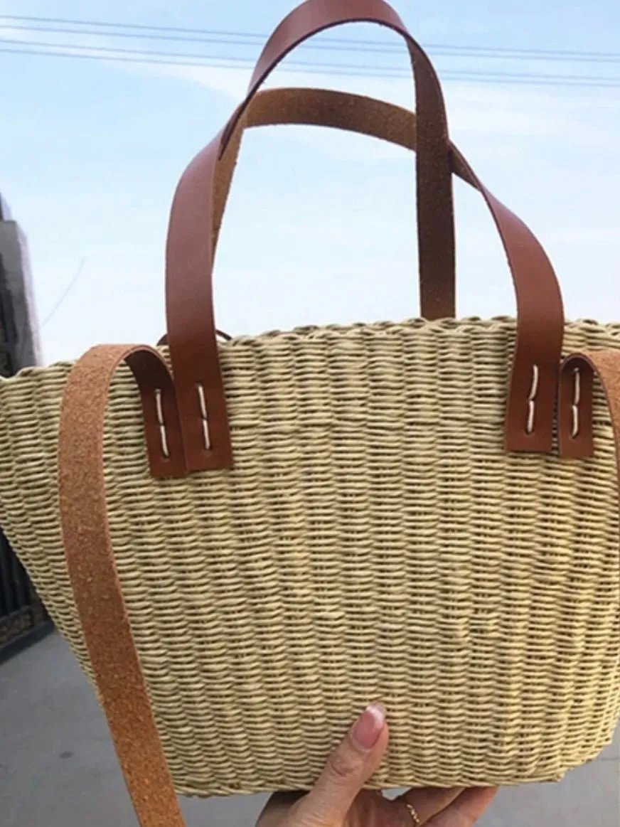 Natural and brown straw tote handbag