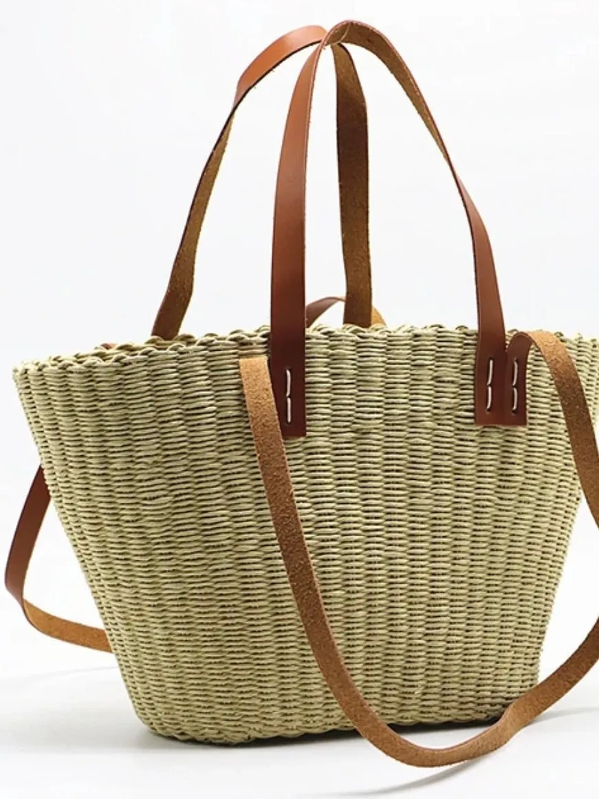 Natural and brown straw tote handbag