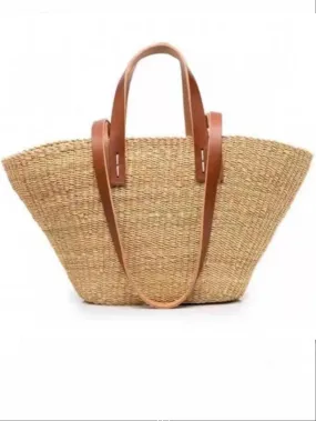 Natural and brown straw tote handbag