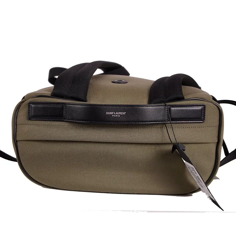 NEW $1090 SAINT LAURENT Army Khaki Green RIVINGTON Black Leather BACKPACK BAG