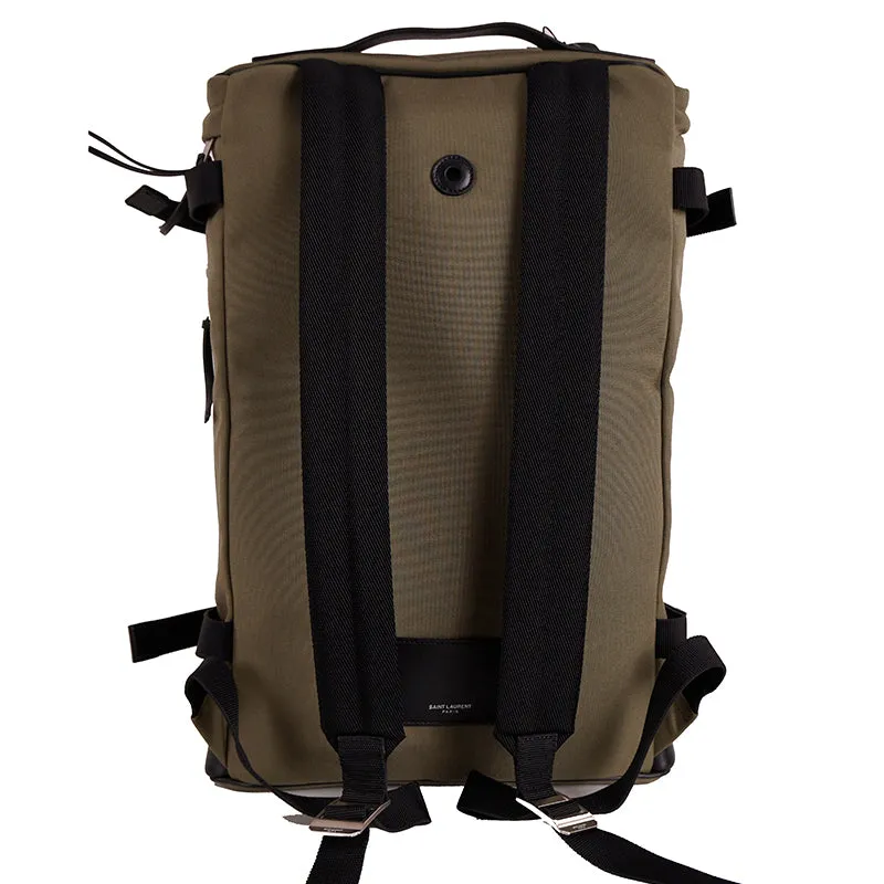 NEW $1090 SAINT LAURENT Army Khaki Green RIVINGTON Black Leather BACKPACK BAG