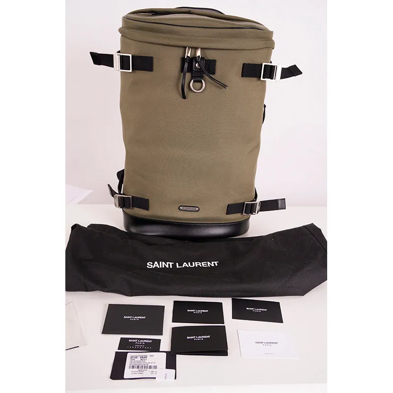 NEW $1090 SAINT LAURENT Army Khaki Green RIVINGTON Black Leather BACKPACK BAG