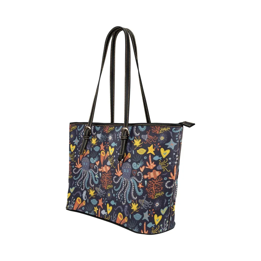 Octopus Tote Bag Purse, Sea Ocean Marine Fish Print Handbag Women High Grade Leather Zip Top Small Large Designer Handmade Shoulder