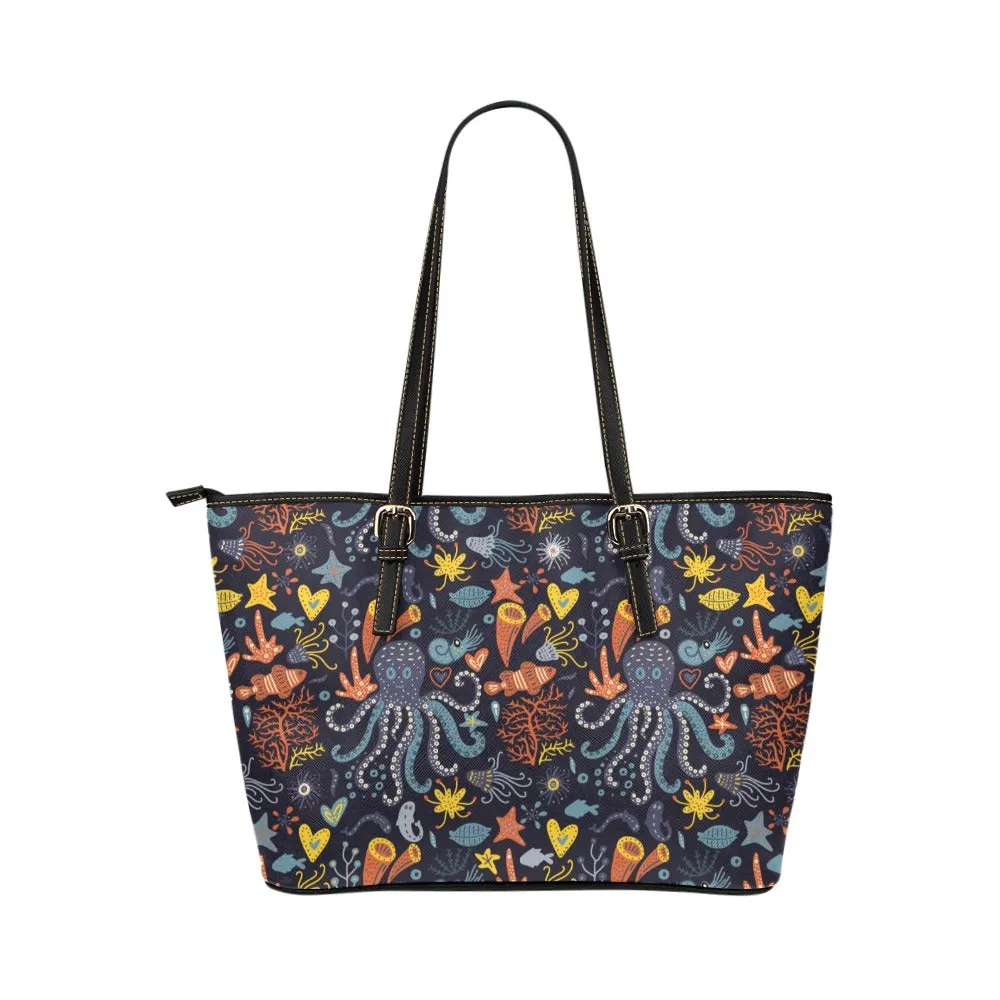 Octopus Tote Bag Purse, Sea Ocean Marine Fish Print Handbag Women High Grade Leather Zip Top Small Large Designer Handmade Shoulder