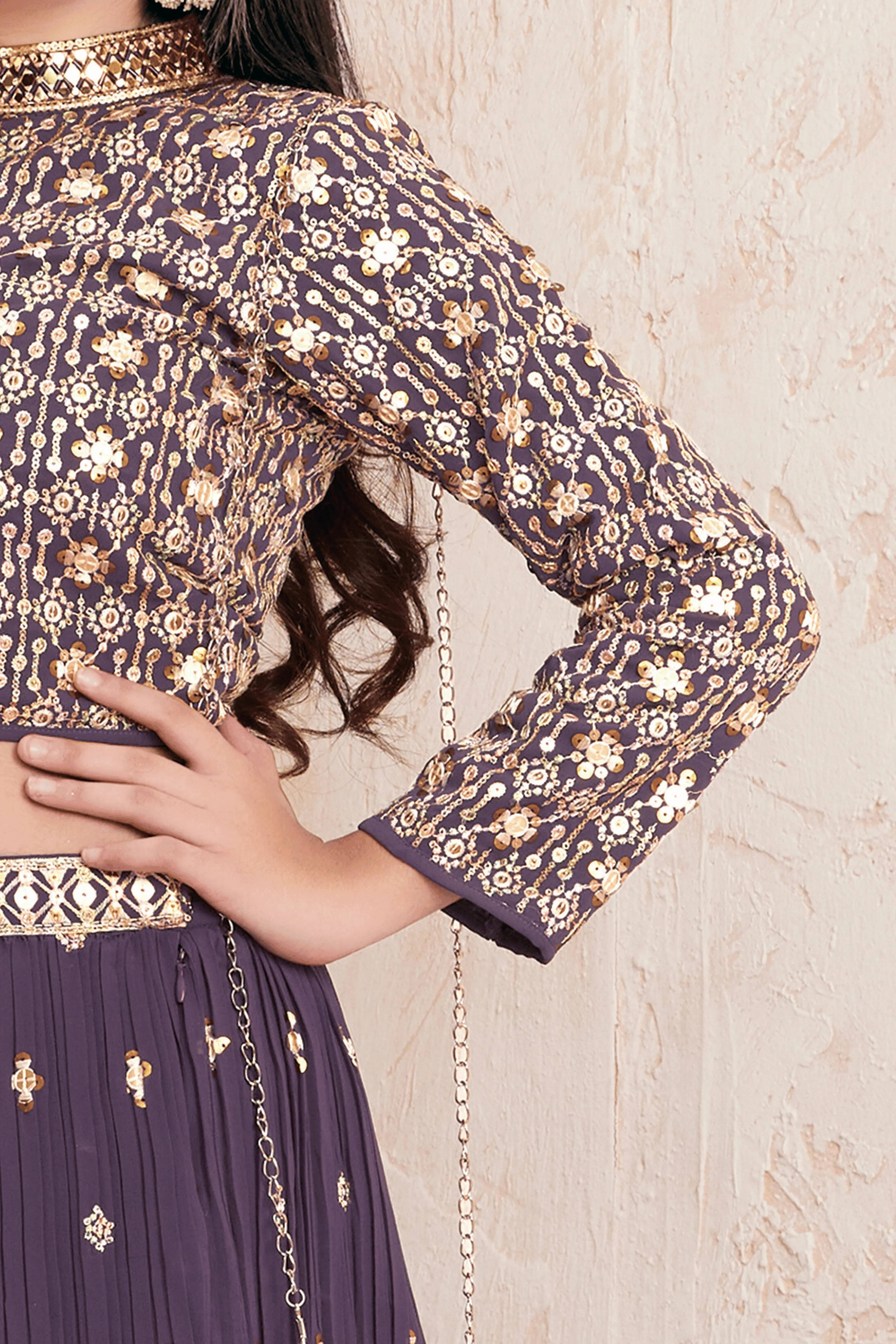 Purple Sequins, Thread, Mirror and Stone work Lehenga Choli for Girls with Bag