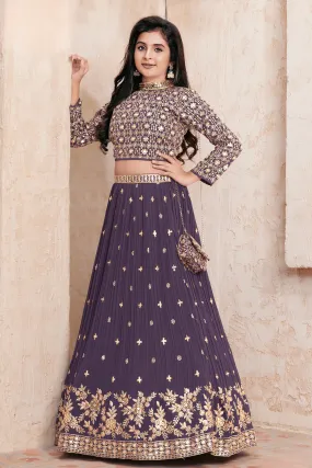 Purple Sequins, Thread, Mirror and Stone work Lehenga Choli for Girls with Bag