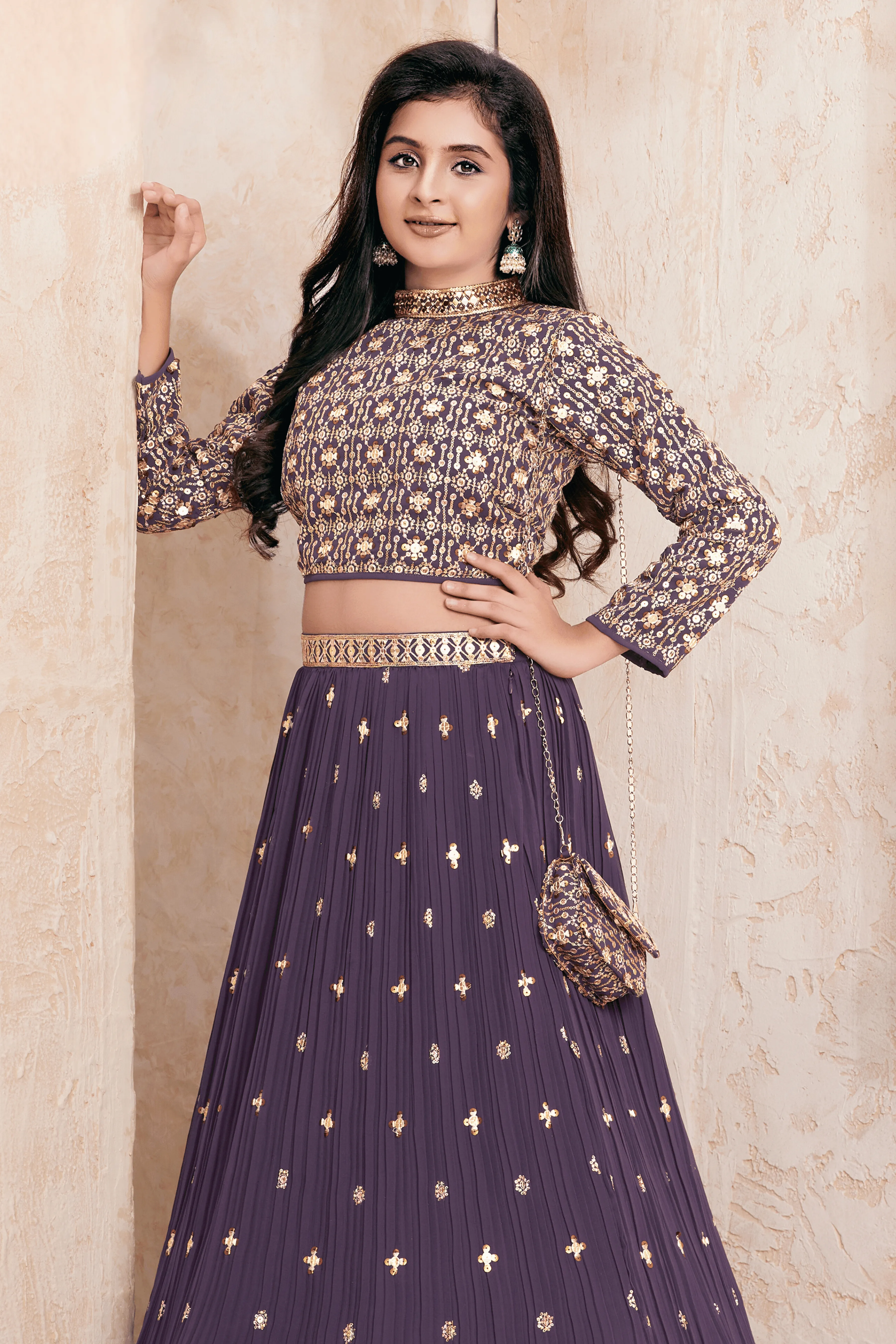 Purple Sequins, Thread, Mirror and Stone work Lehenga Choli for Girls with Bag