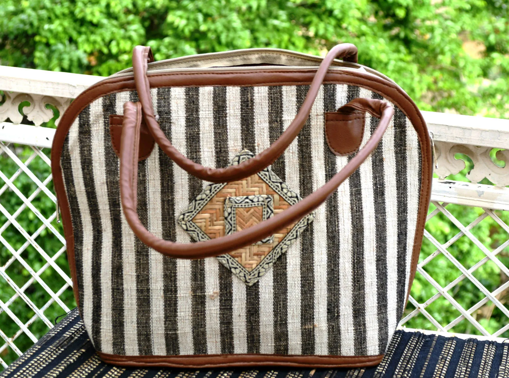 Striped Shoulder Handbag with Bamboo patch work