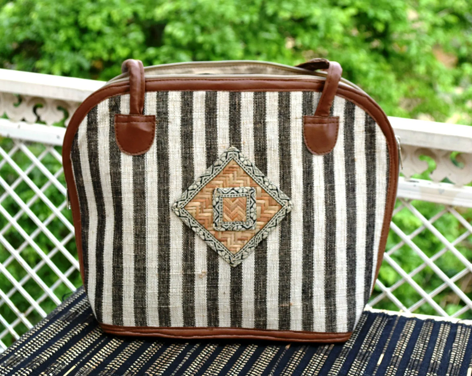 Striped Shoulder Handbag with Bamboo patch work