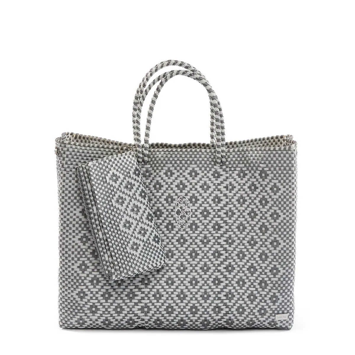 TRAVEL SILVER WHITE AZTEC TOTE BAG WITH CLUTCH