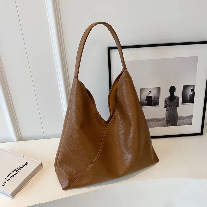 VAIGE Simple Large Leather Shoulder Hobo Bag with Cell Phone Pocket and Soft Baguette Shape