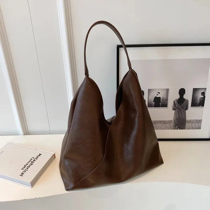 VAIGE Simple Large Leather Shoulder Hobo Bag with Cell Phone Pocket and Soft Baguette Shape