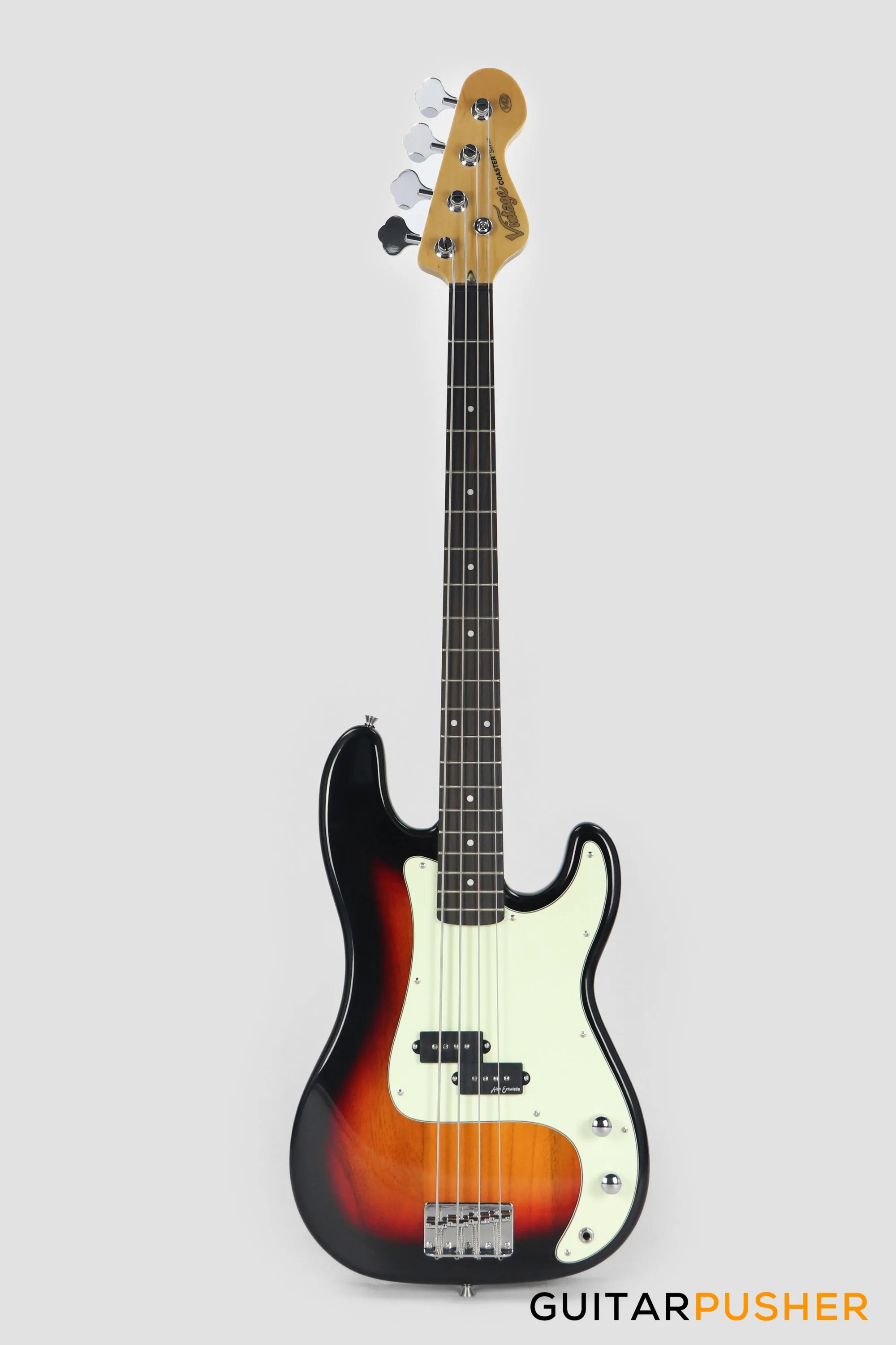 Vintage Coaster Series V40 4-String PB Bass w/ Kinsman 10-Watt Bass Amplifier, Gig Bag, & Accessories - 3-Tone Sunburst