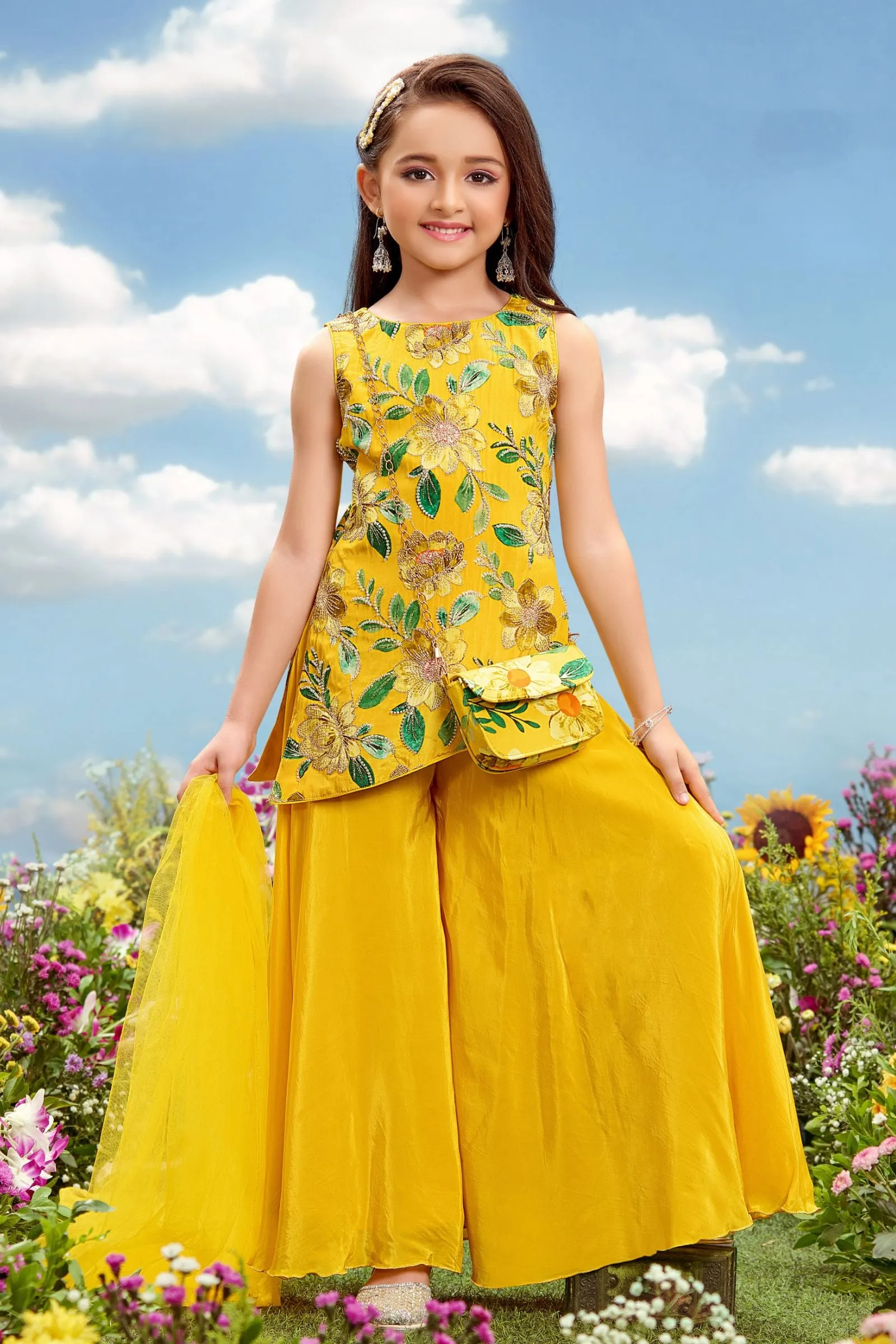 Yellow Beads and Zari work with Floral Print Palazzo Set For Girls